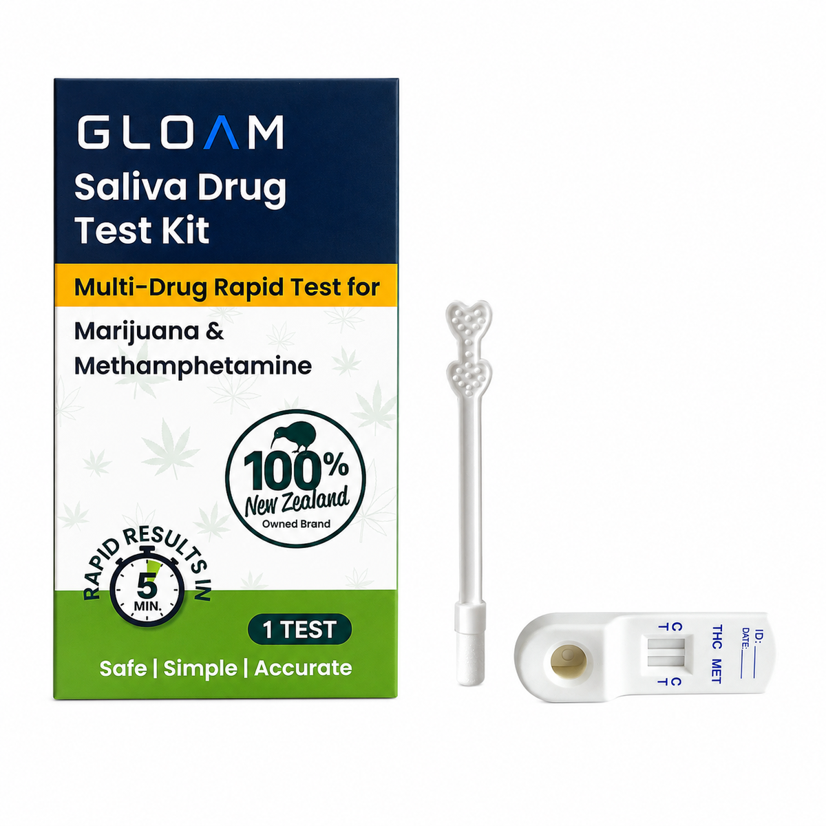 GLOAM Saliva Drug Test Kit shown with its retail box, a white drug test stick, and a white drug test strip on a plain white background.