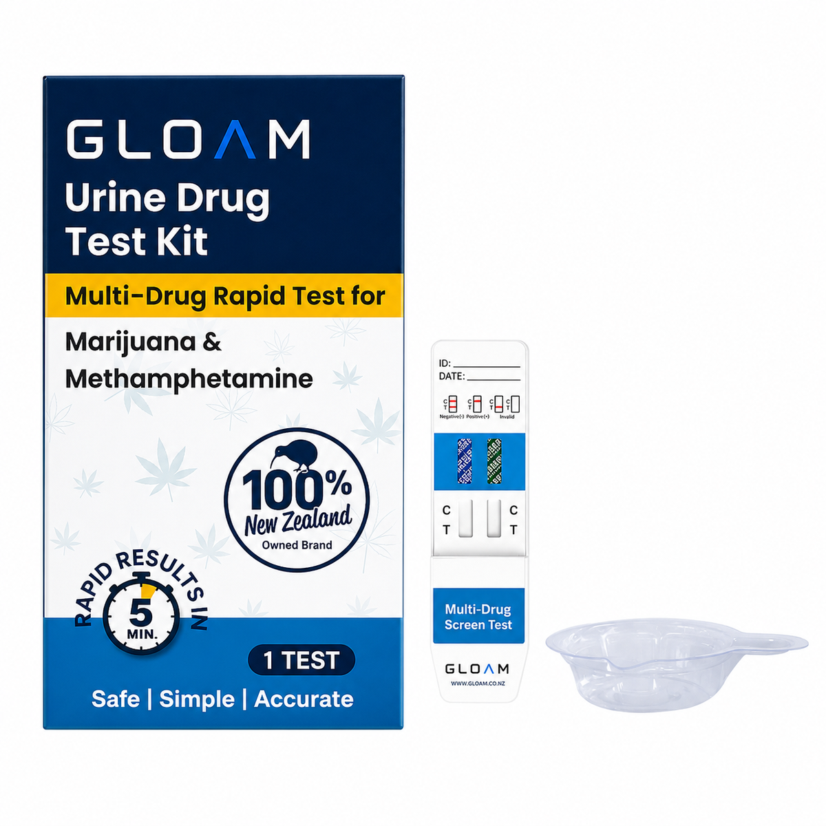 GLOAM Urine Drug Test Kit shown with its retail box, a small clear plastic cup, and a test strip package on a plain white background.