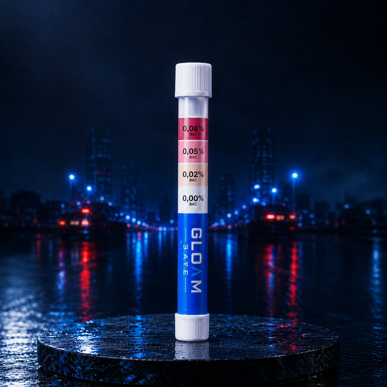 Gloam Safe breathalyser tube standing against a night city skyline