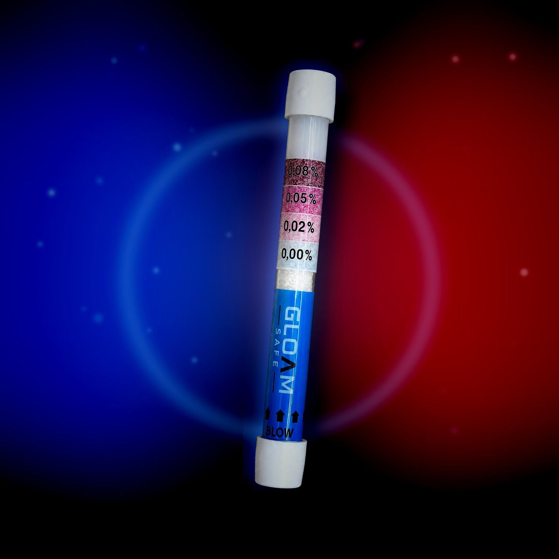 Gloam Safe breathalyser tube in red and blue split light