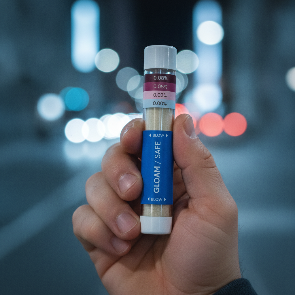 Gloam Safe breathalyser tube held in a hand, showing its pocket size