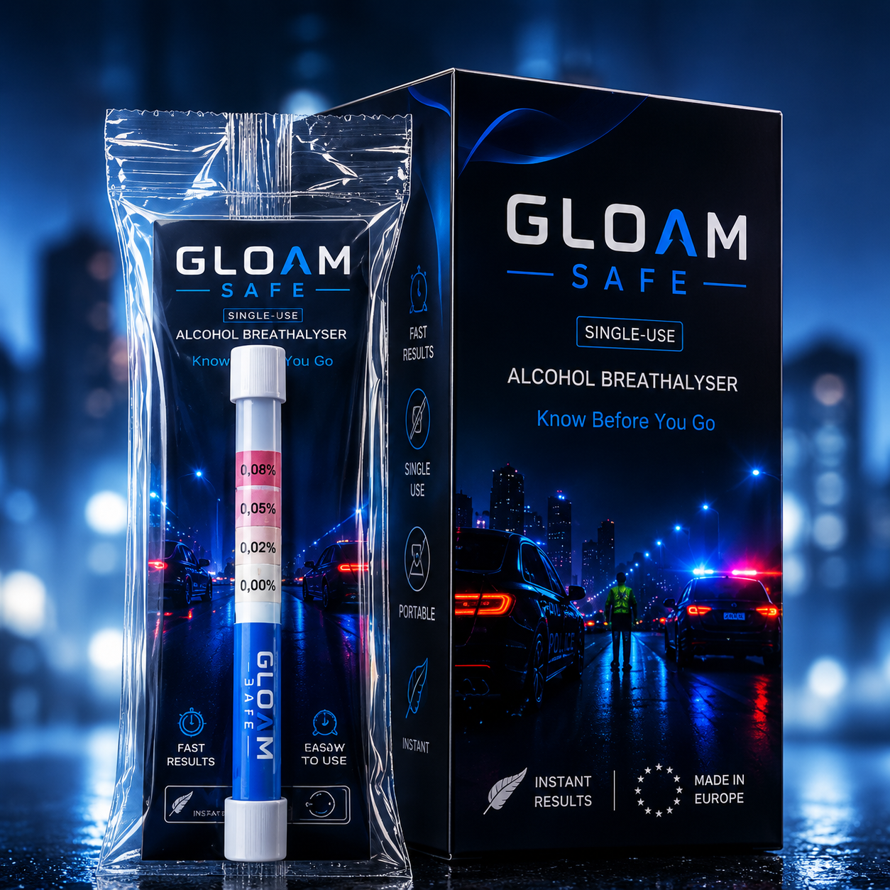 Gloam Safe pack with retail box on a night street