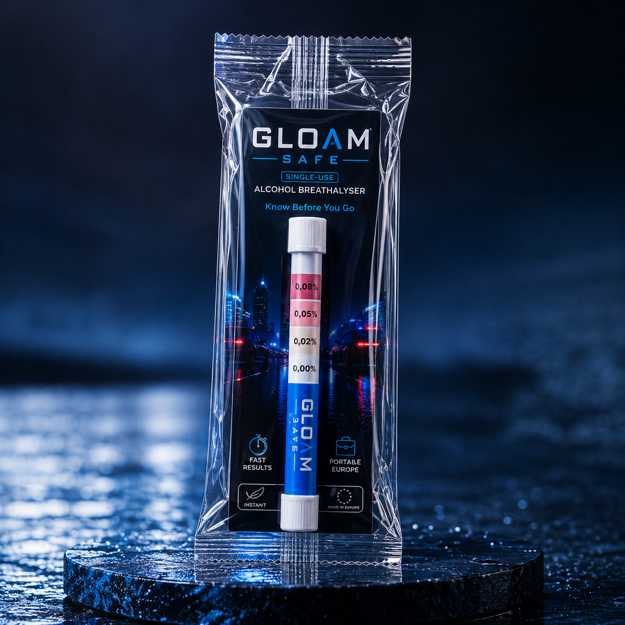 Gloam Safe single-use breathalyser in its sealed pack