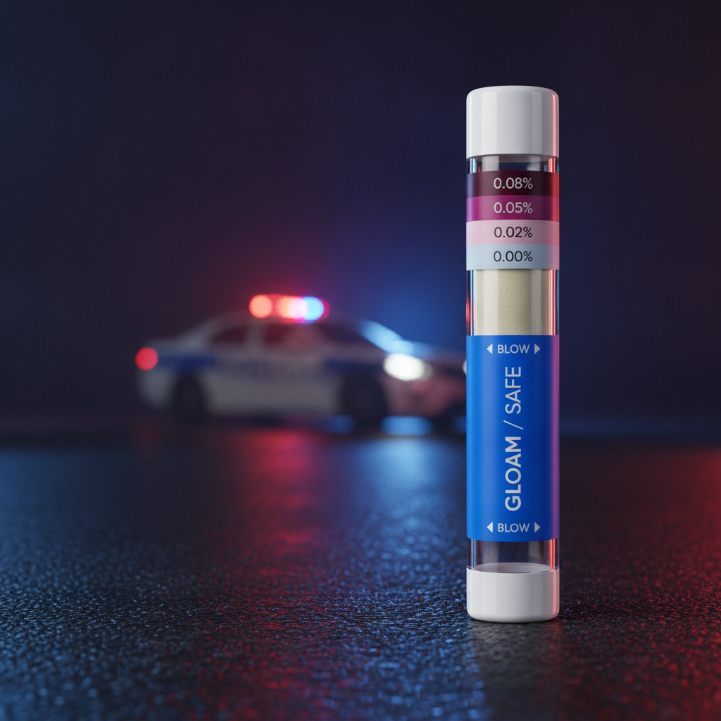 Gloam Safe breathalyser tube in the foreground with a police car at a night checkpoint behind