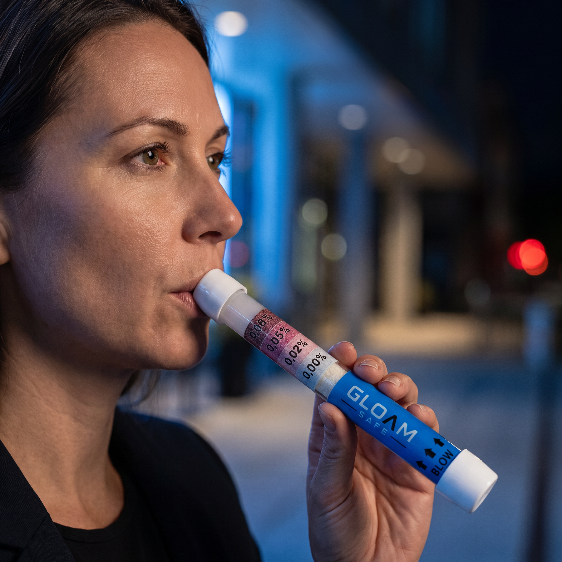 Person using a Gloam Safe breathalyser on a city street at night