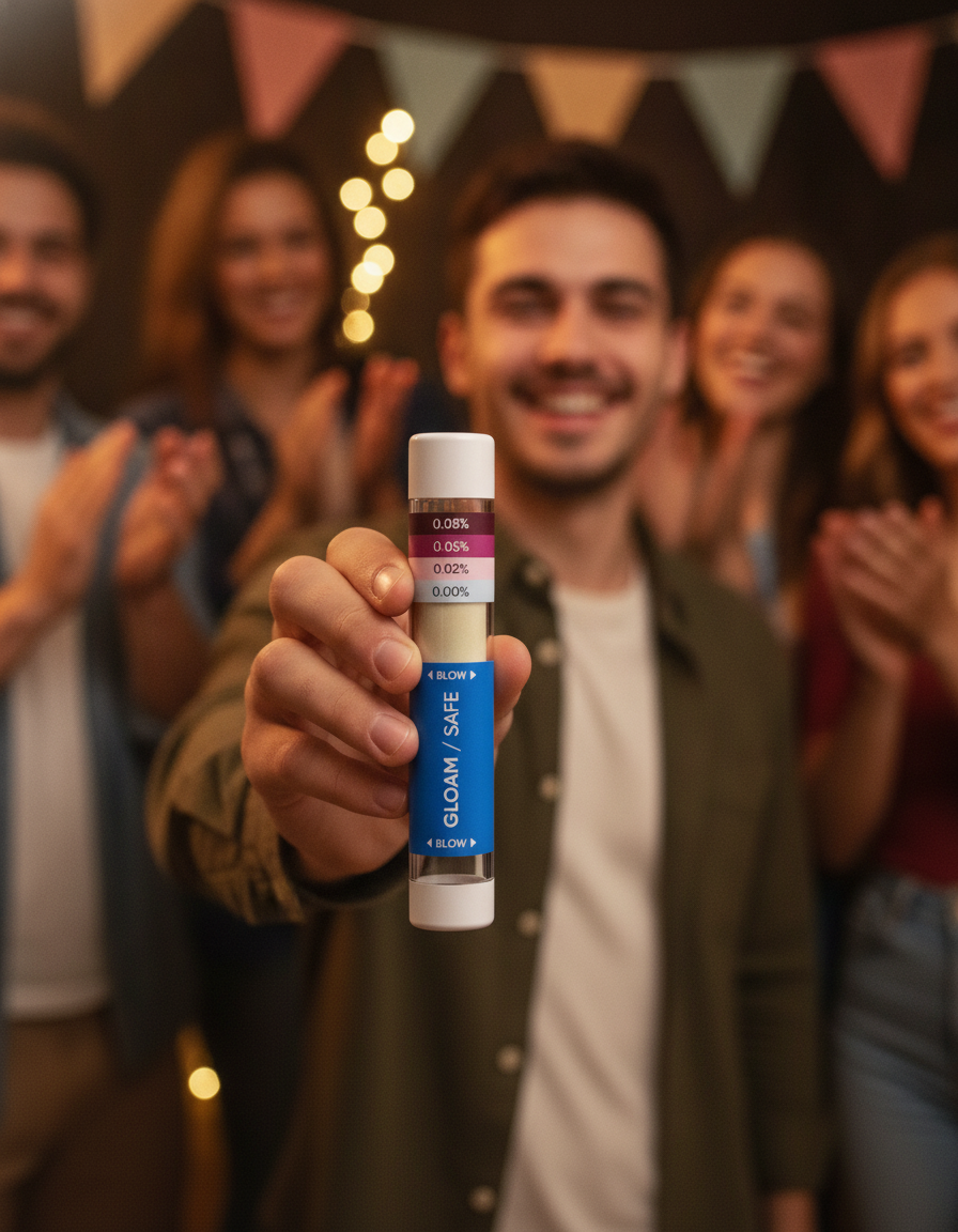 Relieved person holding up a Gloam Safe breathalyser showing no colour change