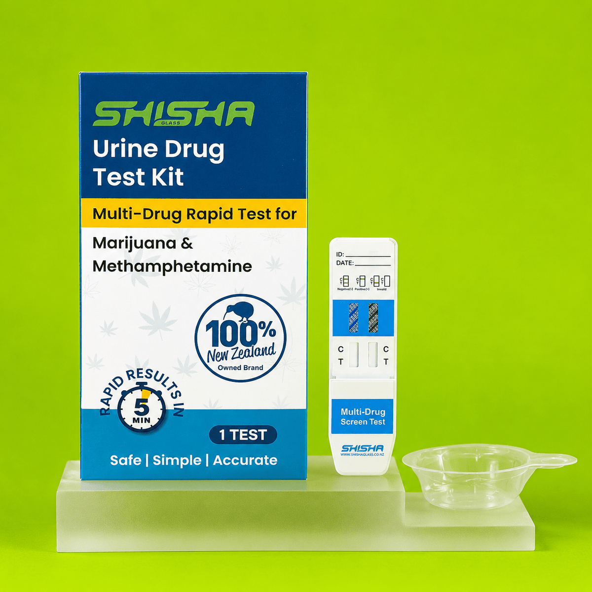 Urine drug test kit box with test card and collection cup