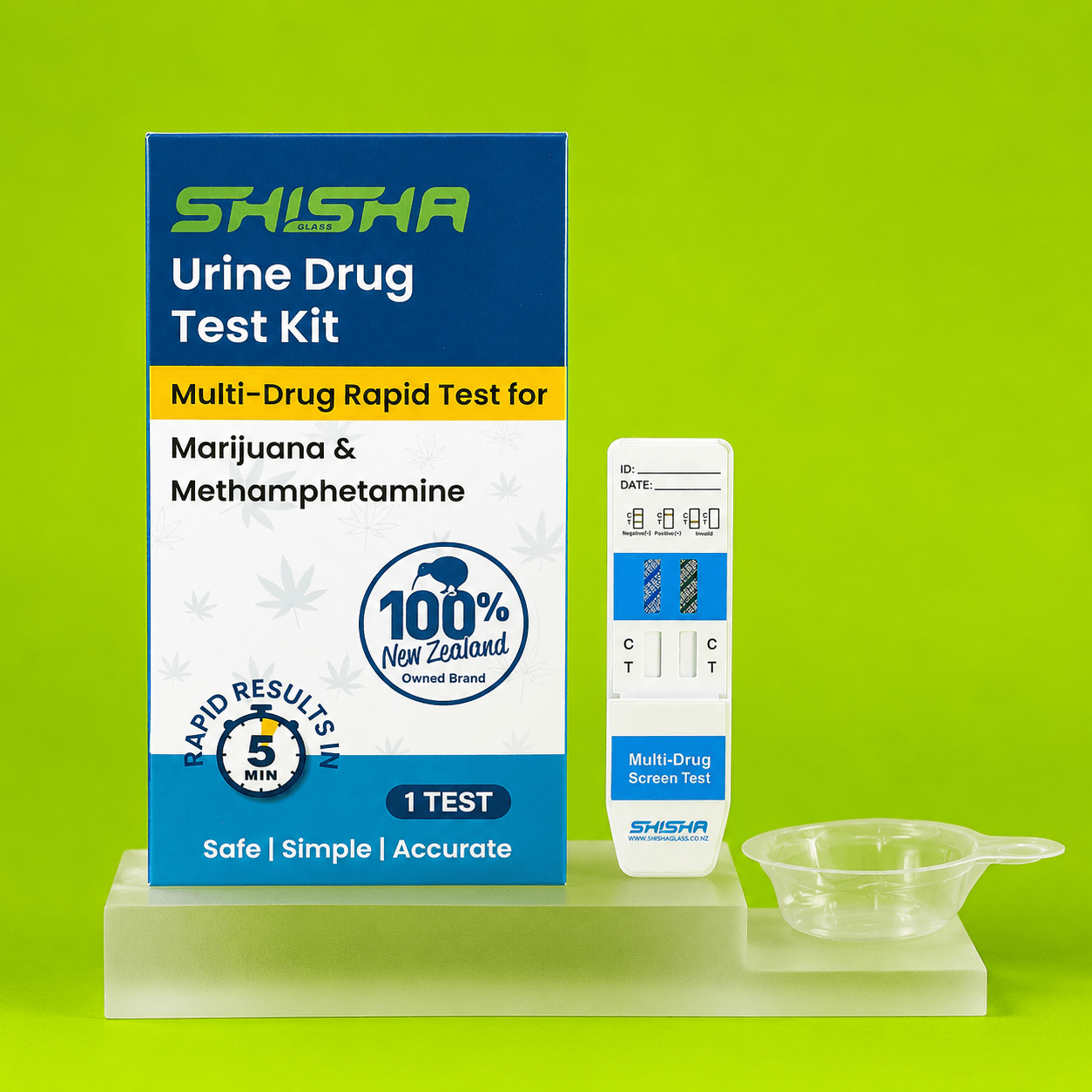 Urine drug test kit box with test card and collection cup