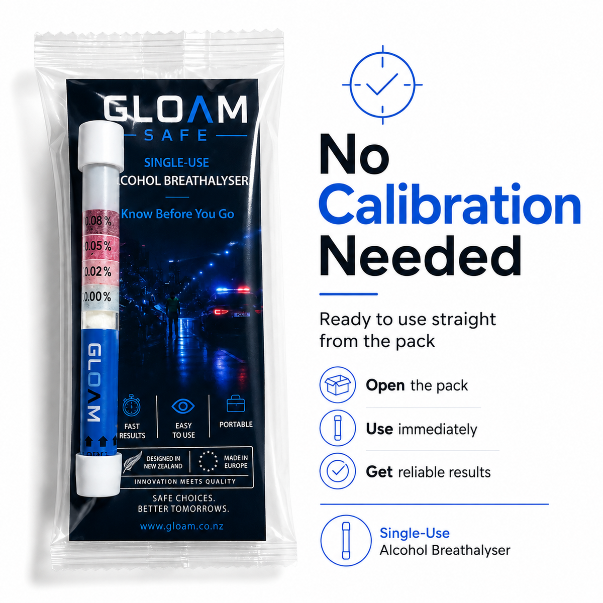 Gloam Safe single-use alcohol breathalyser in its retail packaging, shown next to promotional text highlighting that no calibration is needed.