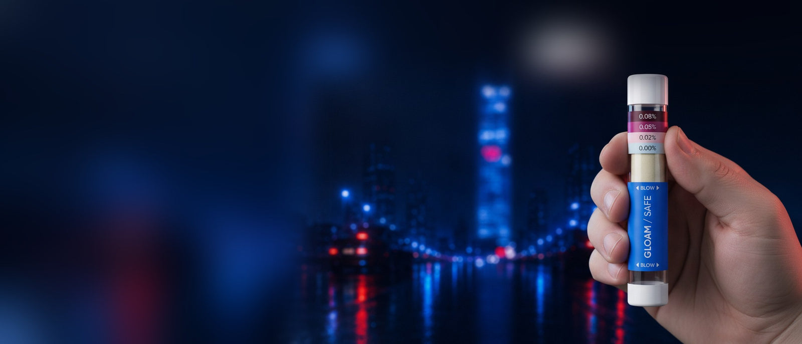 Hand holding a Gloam Safe breathalyser tube upright against a night city skyline
