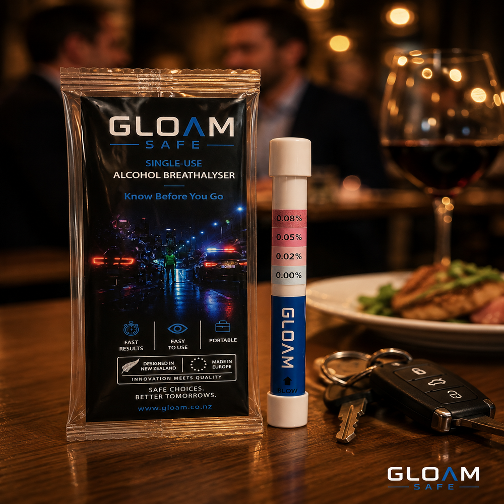 Person using a Gloam Safe breathalyser on a city street at night